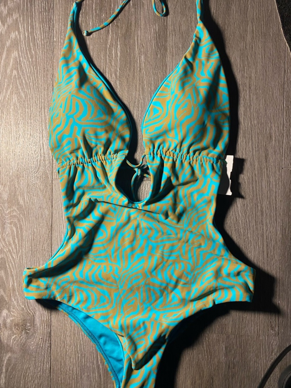 Turquoise and  tan Patterned women One-Piece Swimsuit